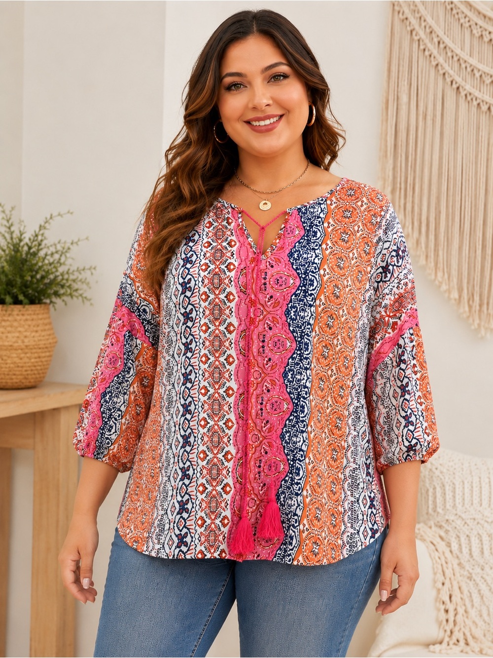 SHEIN Curve 1XL Boho Peasant Tunic Top Pink Aztec Tassel Flowy Blouse
